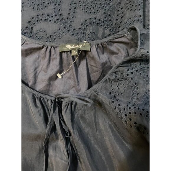 Madewell Dress Navy Blue Medium 6 8 10 Short Sleeve Embroidered Silk Cotton - Picture 13 of 15